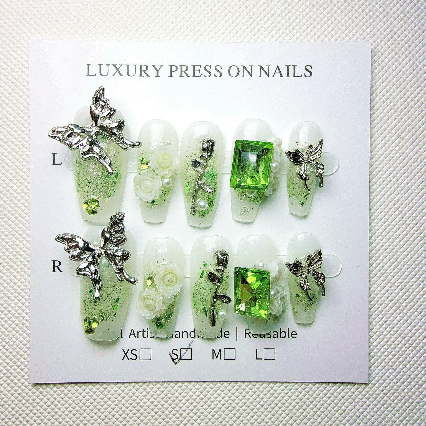 10pcs Handcrafted Press-On Nails Set - Ballet Shape, Fresh Green with 3D Butterfly & Rose Accents, Long Length, Removable Fake Nails for Women and Girls