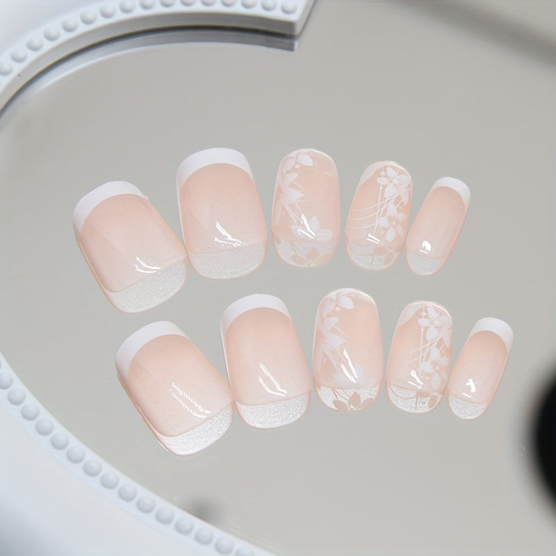 24pcs Short Square Press On Nails, White Flower Design Fake Nails, Full Cover French Tip False Nails For Women And Girls Including Nail File And Jelly Glue