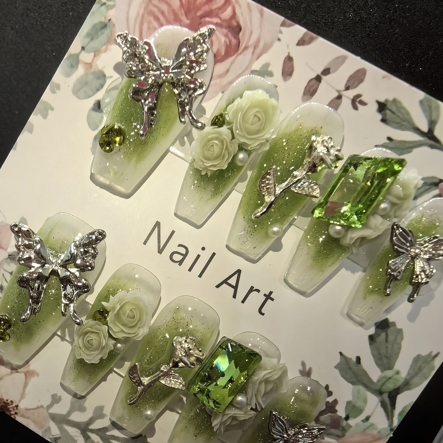 10pcs Handcrafted Press-On Nails Set - Ballet Shape, Fresh Green with 3D Butterfly & Rose Accents, Long Length, Removable Fake Nails for Women and Girls