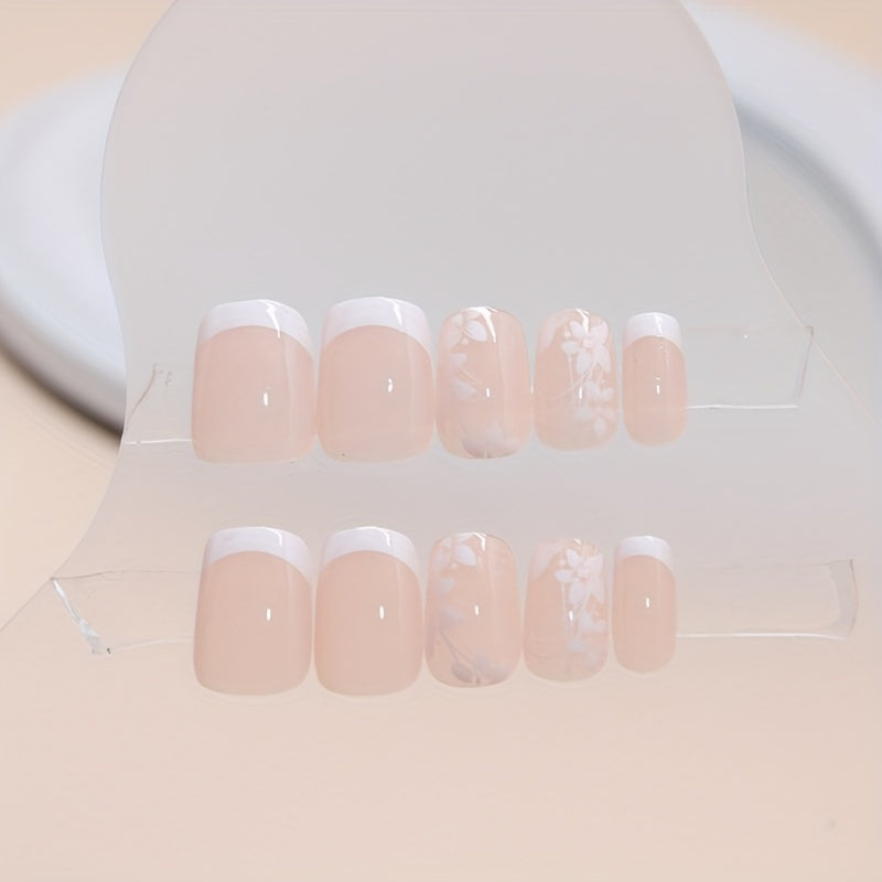 24pcs Short Square Press On Nails, White Flower Design Fake Nails, Full Cover French Tip False Nails For Women And Girls Including Nail File And Jelly Glue