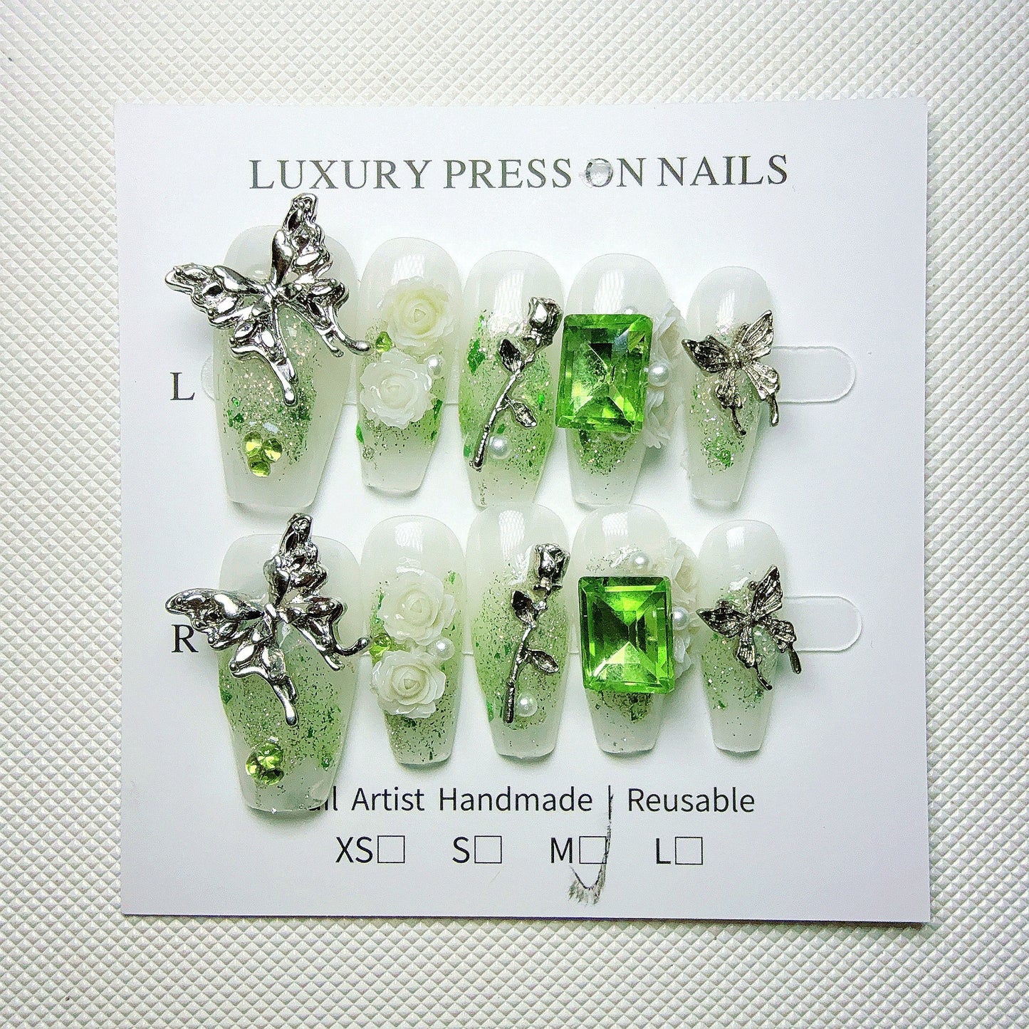 10pcs Handcrafted Press-On Nails Set - Ballet Shape, Fresh Green with 3D Butterfly & Rose Accents, Long Length, Removable Fake Nails for Women and Girls