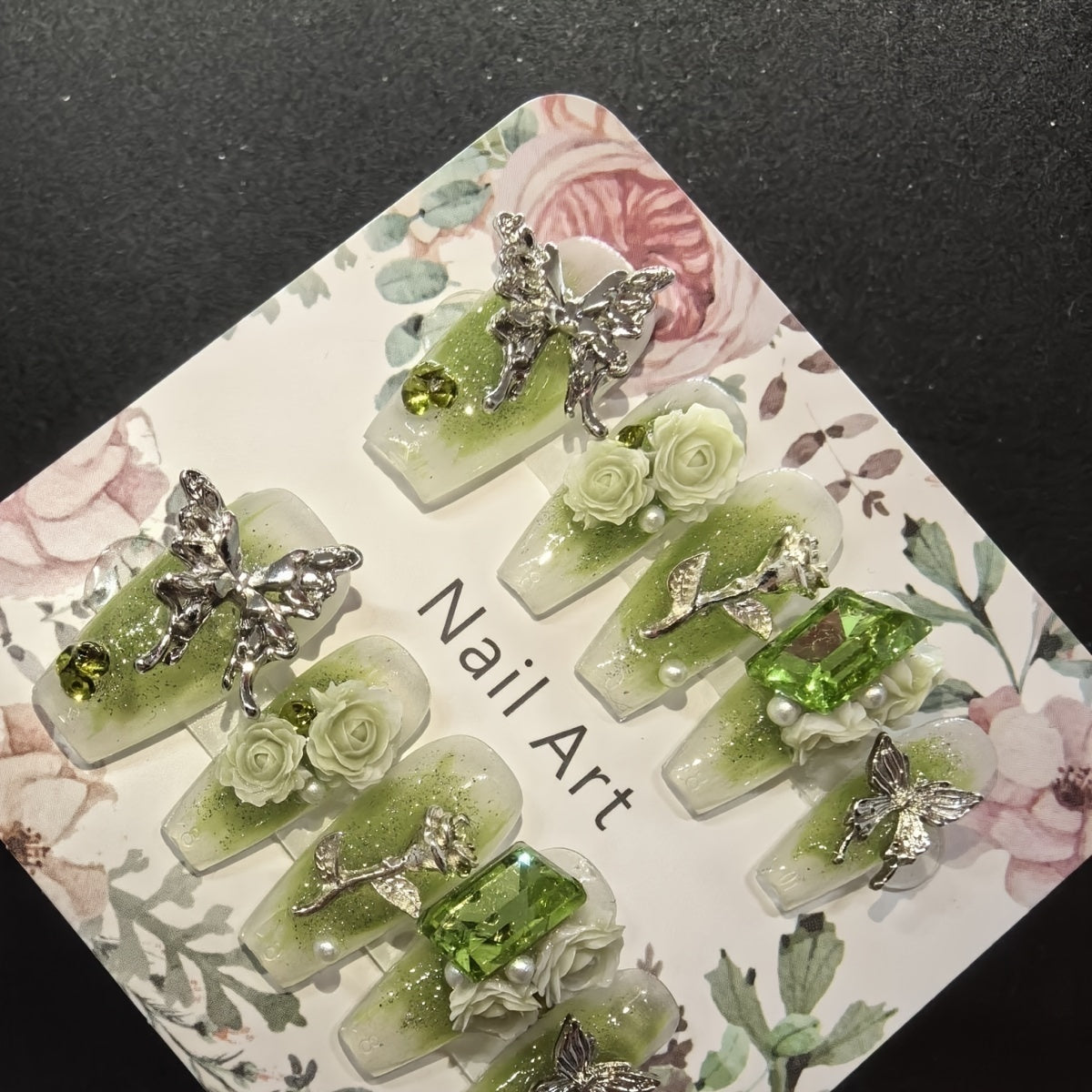 10pcs Handcrafted Press-On Nails Set - Ballet Shape, Fresh Green with 3D Butterfly & Rose Accents, Long Length, Removable Fake Nails for Women and Girls