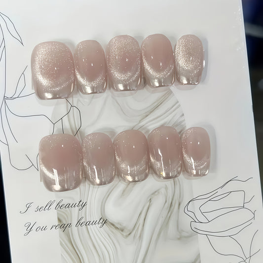 10pcs Handmade Short Nails | Nude Pink Cat Eye, Silvery Mirror Powder French Tips, Classic Style, Removable
