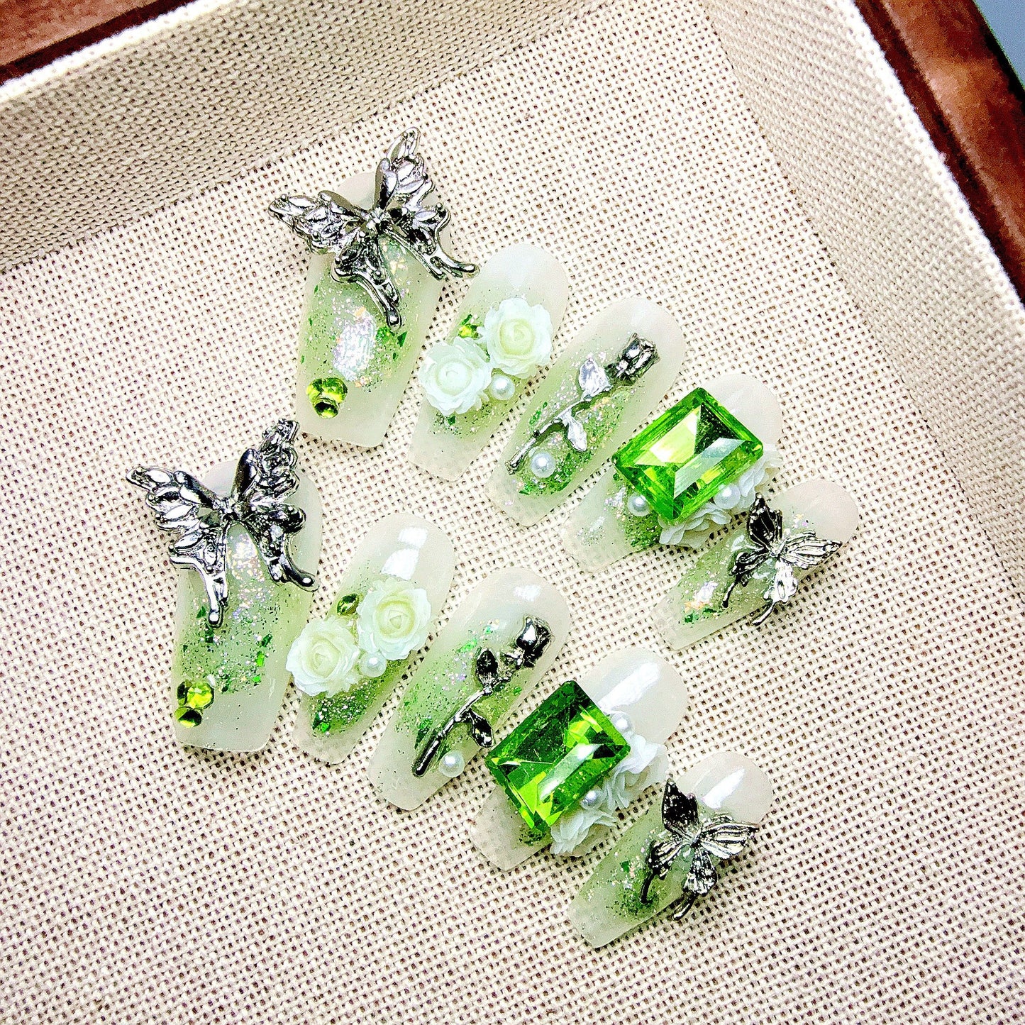 10pcs Handcrafted Press-On Nails Set - Ballet Shape, Fresh Green with 3D Butterfly & Rose Accents, Long Length, Removable Fake Nails for Women and Girls