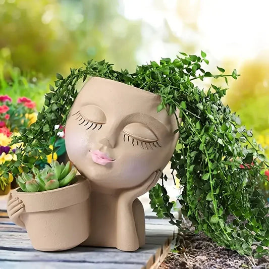 Handheld Basket Girl Face Planter, Resin Crafts