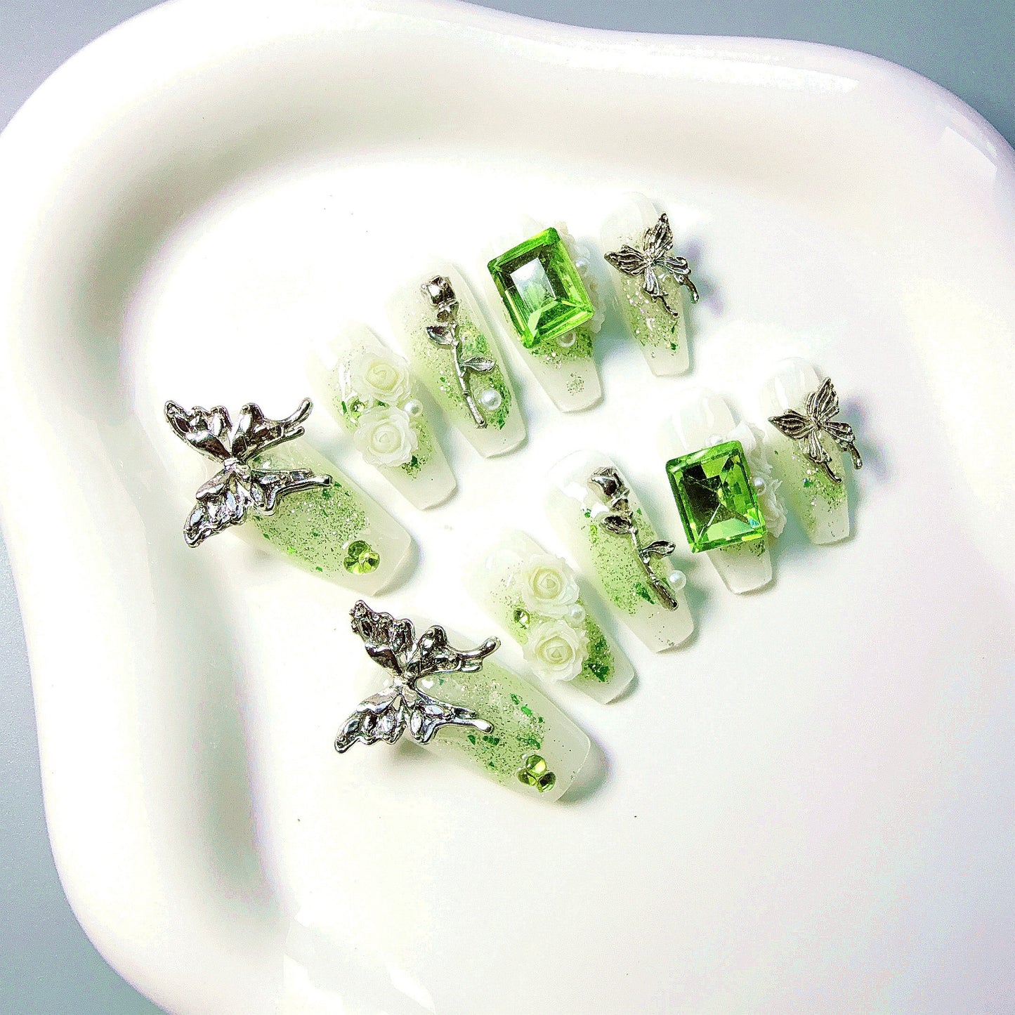 10pcs Handcrafted Press-On Nails Set - Ballet Shape, Fresh Green with 3D Butterfly & Rose Accents, Long Length, Removable Fake Nails for Women and Girls