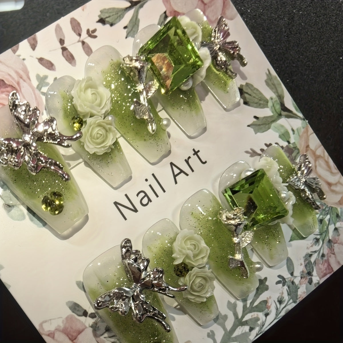 10pcs Handcrafted Press-On Nails Set - Ballet Shape, Fresh Green with 3D Butterfly & Rose Accents, Long Length, Removable Fake Nails for Women and Girls
