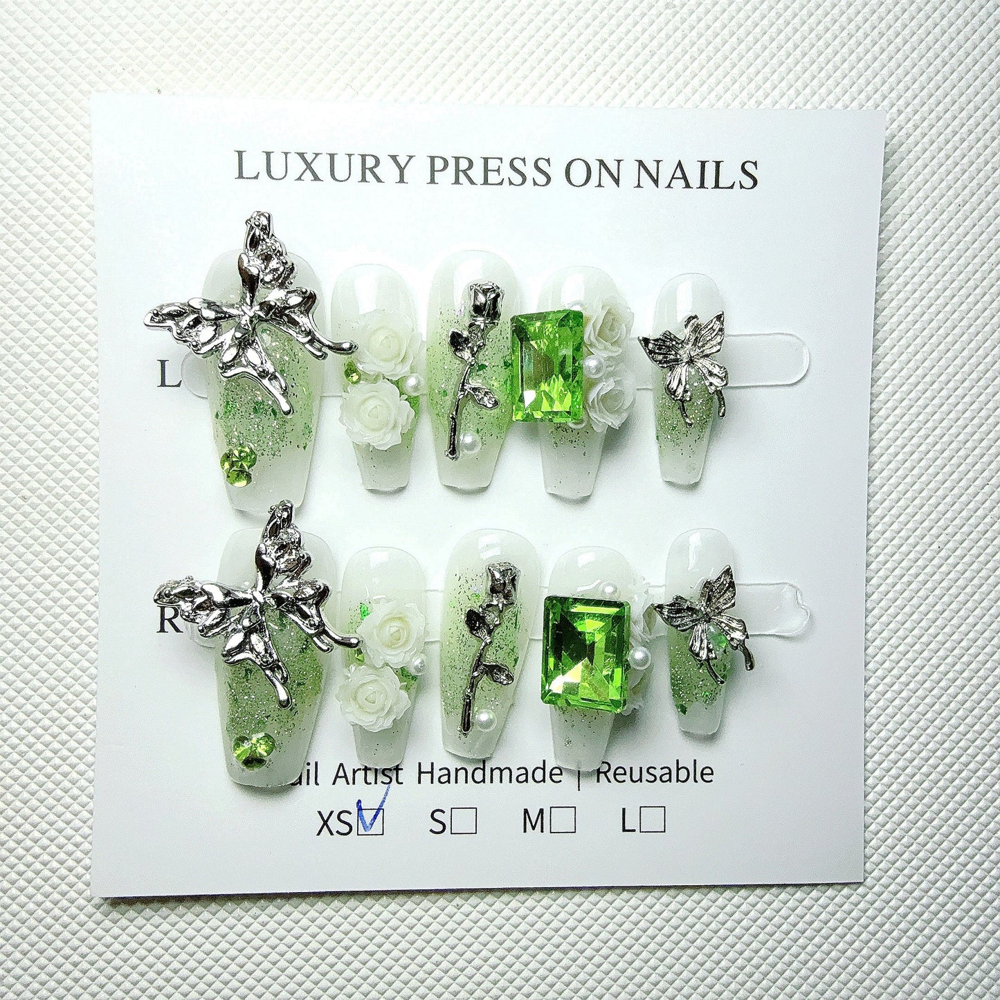 10pcs Handcrafted Press-On Nails Set - Ballet Shape, Fresh Green with 3D Butterfly & Rose Accents, Long Length, Removable Fake Nails for Women and Girls