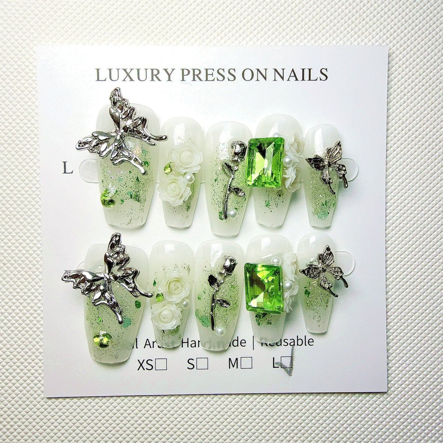 10pcs Handcrafted Press-On Nails Set - Ballet Shape, Fresh Green with 3D Butterfly & Rose Accents, Long Length, Removable Fake Nails for Women and Girls