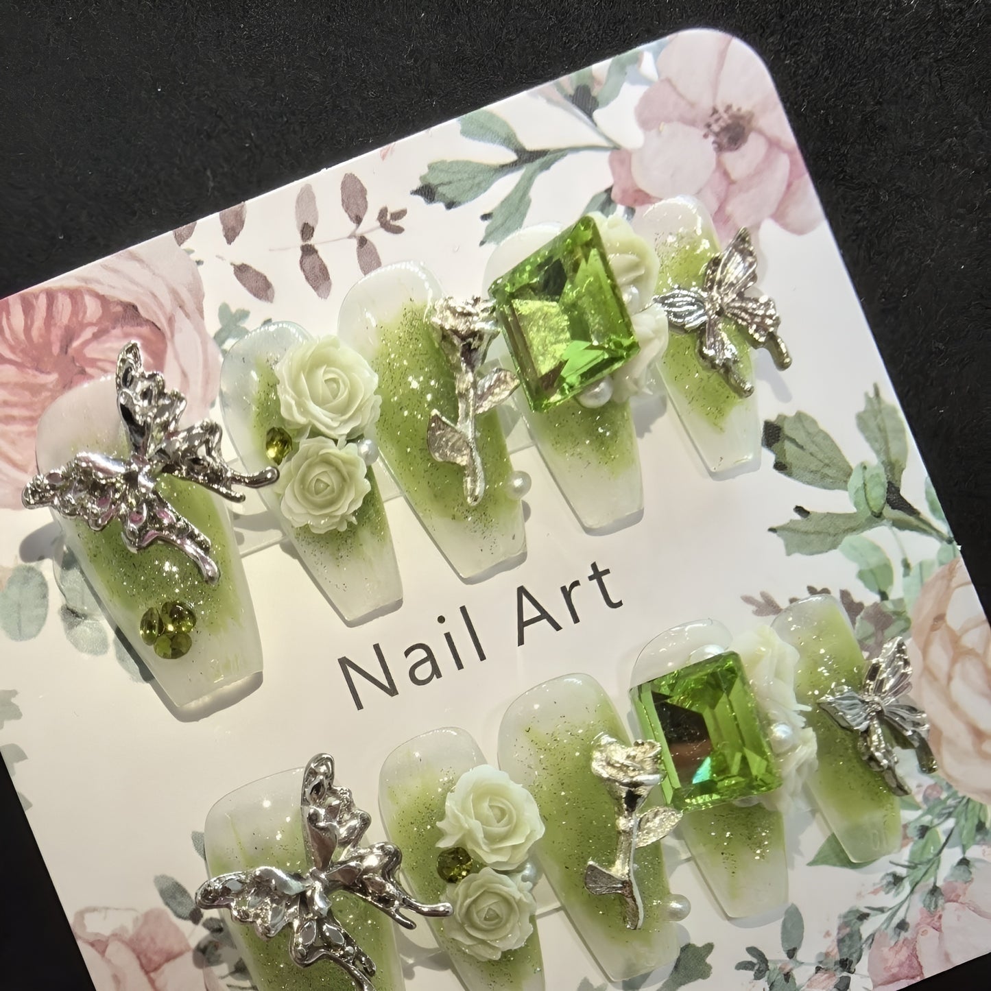 10pcs Handcrafted Press-On Nails Set - Ballet Shape, Fresh Green with 3D Butterfly & Rose Accents, Long Length, Removable Fake Nails for Women and Girls