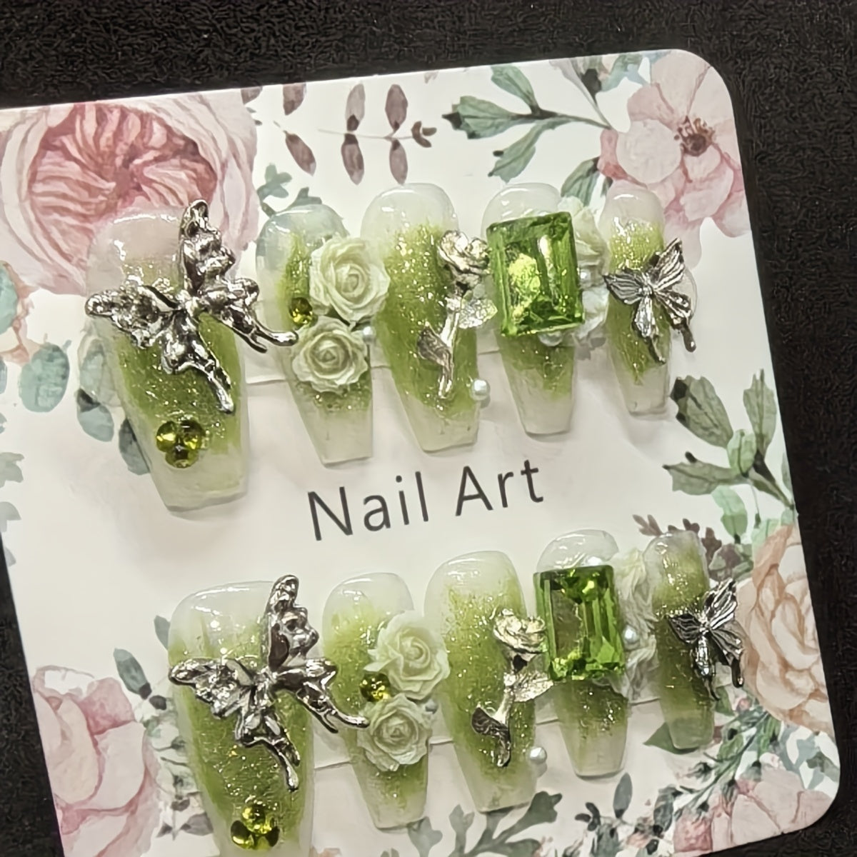 10pcs Handcrafted Press-On Nails Set - Ballet Shape, Fresh Green with 3D Butterfly & Rose Accents, Long Length, Removable Fake Nails for Women and Girls