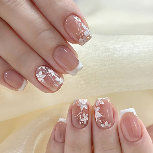 24pcs Short Square Press On Nails, White Flower Design Fake Nails, Full Cover French Tip False Nails For Women And Girls Including Nail File And Jelly Glue