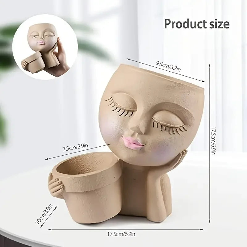 Handheld Basket Girl Face Planter, Resin Crafts, Multi-color Human Planter for Indoor and Outdoor Plants with Drainage Hole