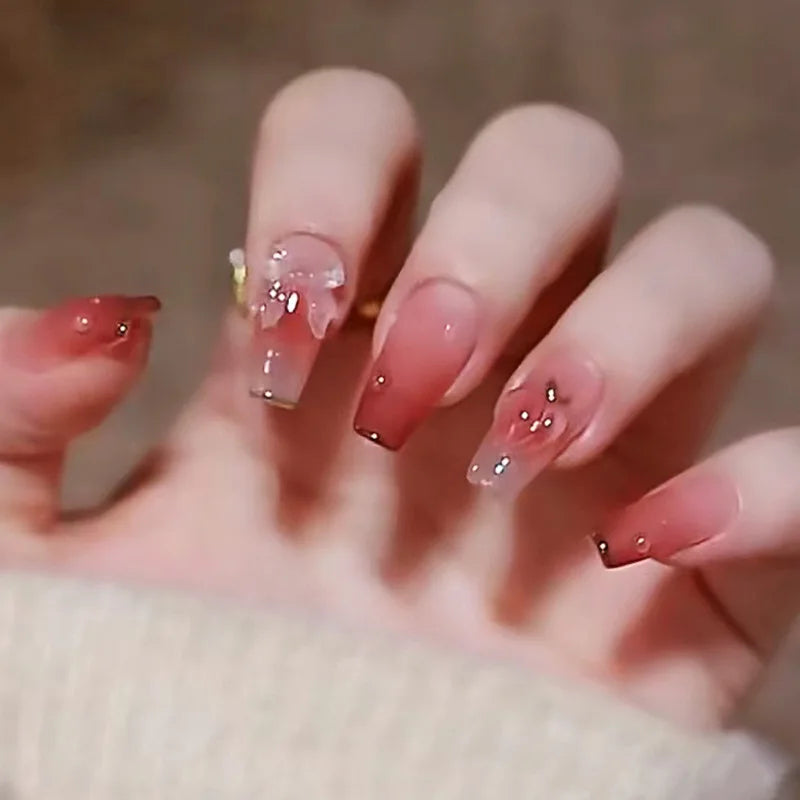 24pcs/box Press On False Nails Wearable Nail Art Finished Fingernails Ballet Full Cover Nail Tip Heart With Sticker Wearing Tool