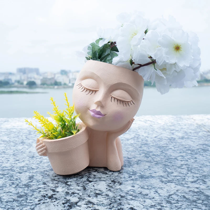 Handheld Basket Girl Face Planter, Resin Crafts, Multi-color Human Planter for Indoor and Outdoor Plants with Drainage Hole