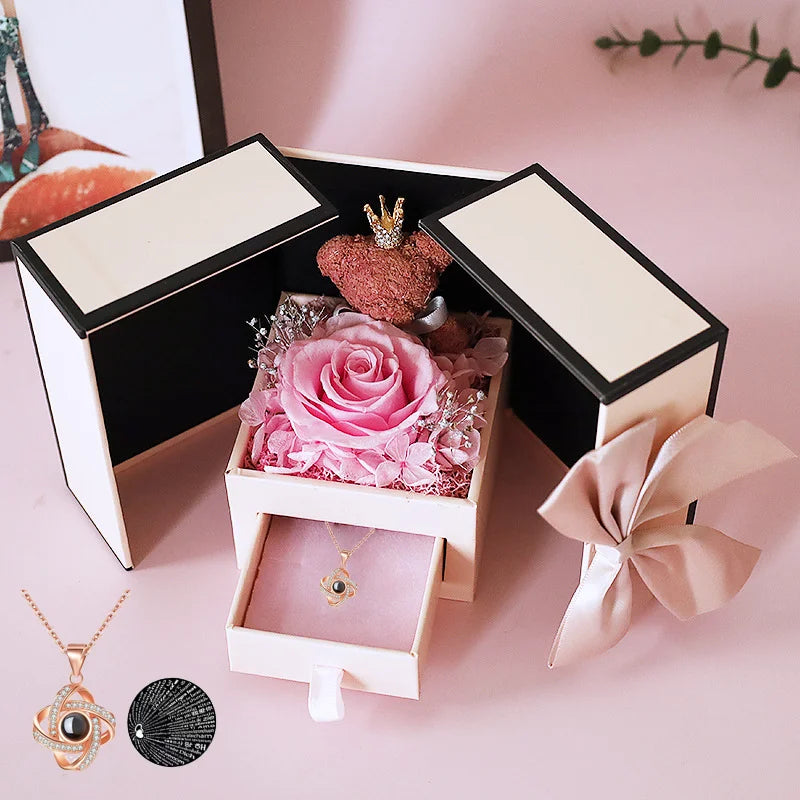 Double Door Bear Jewellery Box Eternal Real Rose  Necklace