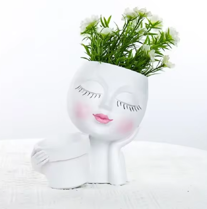 Handheld Basket Girl Face Planter, Resin Crafts, Multi-color Human Planter for Indoor and Outdoor Plants with Drainage Hole