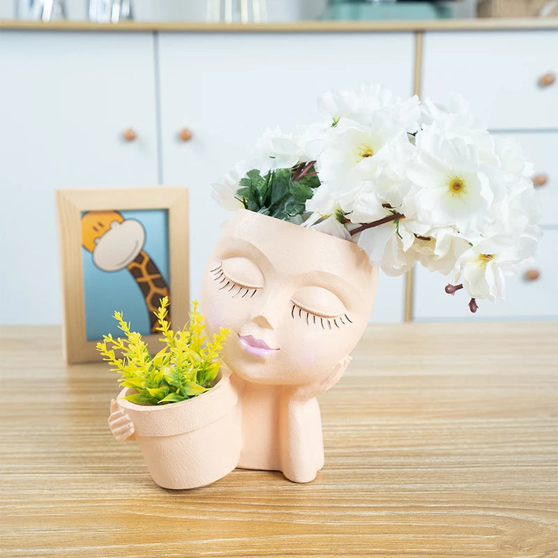 Handheld Basket Girl Face Planter, Resin Crafts, Multi-color Human Planter for Indoor and Outdoor Plants with Drainage Hole