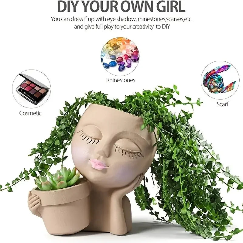 Handheld Basket Girl Face Planter, Resin Crafts, Multi-color Human Planter for Indoor and Outdoor Plants with Drainage Hole