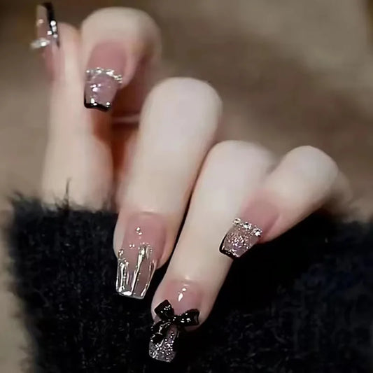 24pcs/box Press On False Nails Wearable Nail Art Finished Fingernails Ballet Full Cover Nail Tip Heart With Sticker Wearing Tool